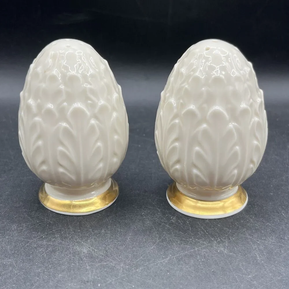 Lenox Woodleaf Salt & Pepper Shakers Vintage 1978 Gold Trim 3